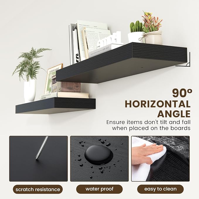 FLYJOE 12 Inch Deep Floating Shelves 36 Inches Long | 36'' Black Shelves for Wall Set of 1, 36'' x 12'' Rustic Black Wood Shelves for Living Room Bathroom Laundry Room Kitchen