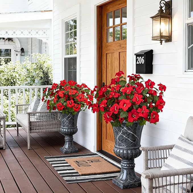 19 Inch Artificial Fake Flowers for Outdoor,4 Pcs Red Faux Silk Petunias Spring Flowers for Outside for Indoor Porch Planter Front Door Garden Patio Window Box Home Decor