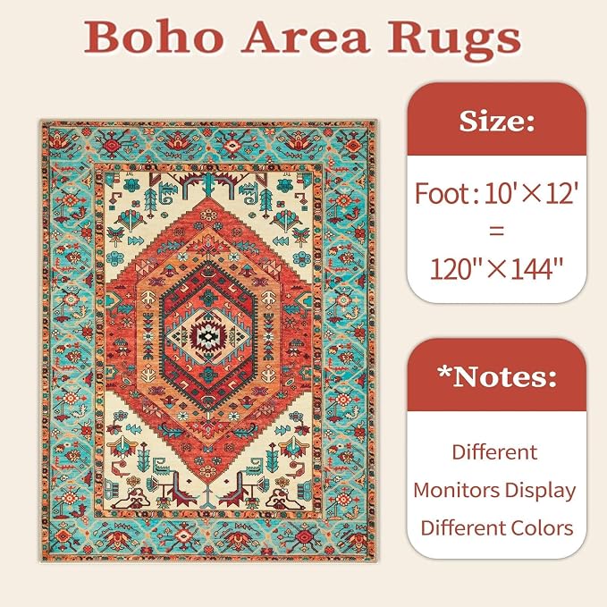 SERISSA 10x12 Area Rugs for Living Room, Large Washable Non-Slip Boho Rug, Ultra Soft Vintage Oriental Orange Print Distressed Carpet for Dining Room Bedroom Office Home Decor
