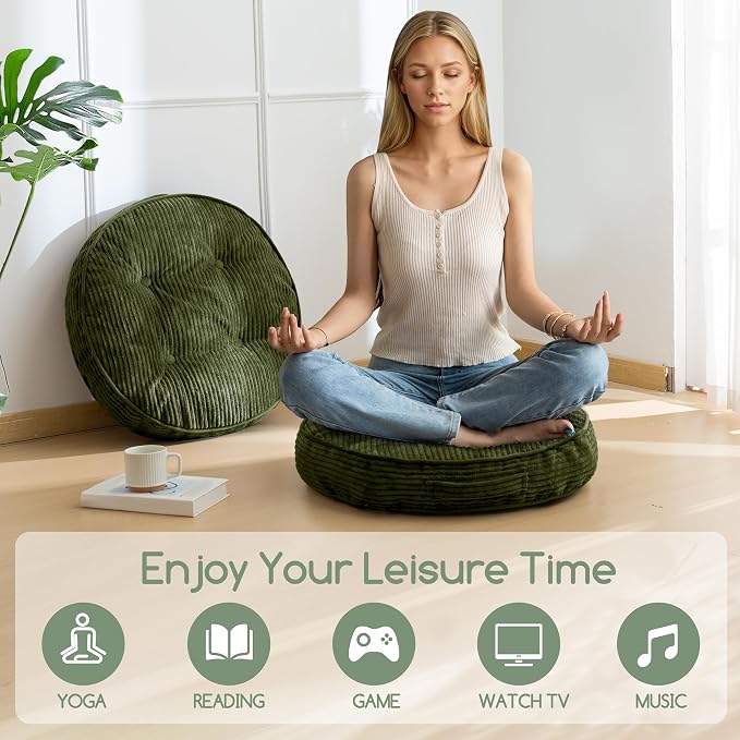 HIGOGOGO Floor Pillow Cushion for Adults, Meditation Cushion Pillow, Large Round Floor Sitting, Tufted Corduroy Cover, for Tatami Living Room or Yoga, 22x22 Inch, 2Pack, Dark Green