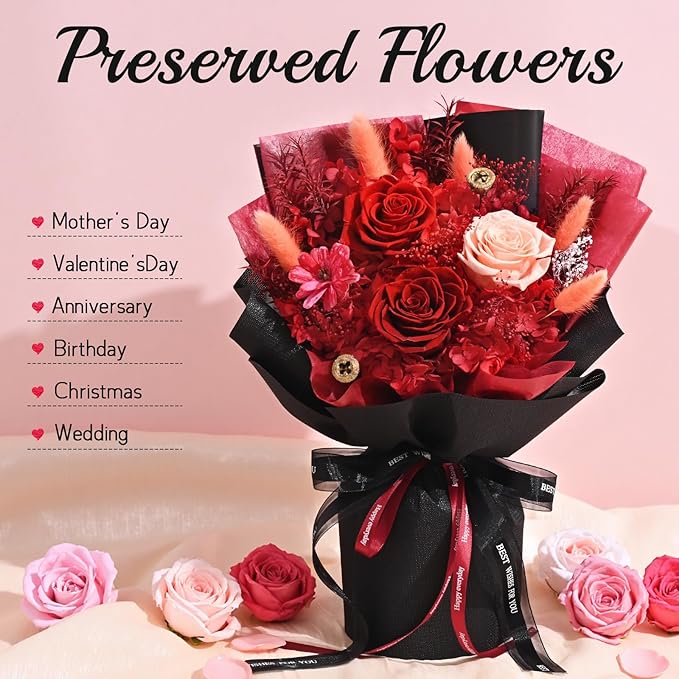 Mothers Day Flowers for Mom, Mothers Day Gifts, Flowers for Delivery Prime, Preserved Eternal Forever Red Roses Bouquet Birthday Gifts for Women Gf Gifts Wedding Anniversary