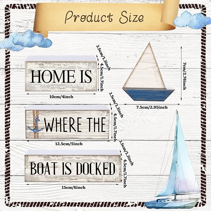 Conelist 4 Pcs Nautical Wooden Table Decor Farmhouse Sailboat Centerpieces Vintage Tiered Tray Decoration Home is Where The Boat is Docked Block Sign for Home Living Room Bedroom Office Decor