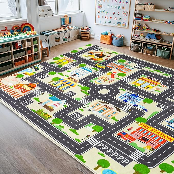 Car Rug Play Mat for Kids Toy Cars, City Road Traffic Playmat for Kid Bedroom, Non-Slip Machine Washable Kids Rugs for Learn and Have Fun 6'x9'/ 72"x108", Beige