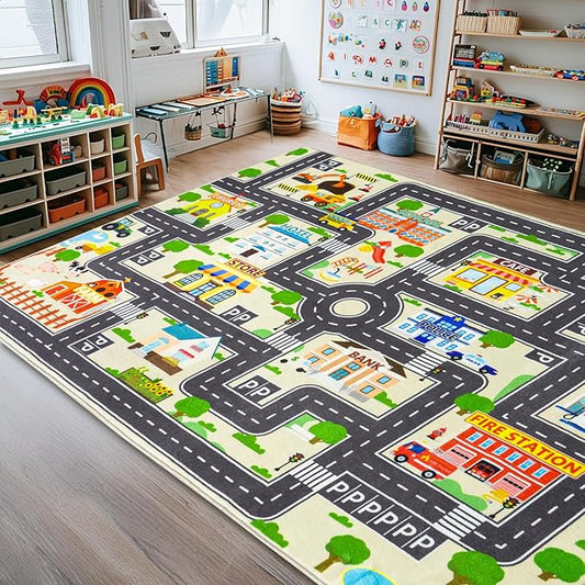Car Rug Play Mat for Kids Toy Cars, City Road Traffic Playmat for Kid Bedroom, Non-Slip Machine Washable Kids Rugs for Learn and Have Fun 6'x9'/ 72"x108", Beige