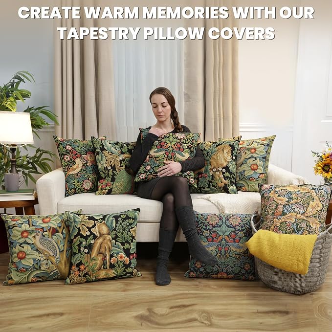 Charlotte Home Furnishings Inc Black Lion Throw Pillow Covers 18x18, European 100% Cotton Jacquard Woven Fabric, Boho & Vintage Inspired Decorative Cushion for Living Room and Sofa