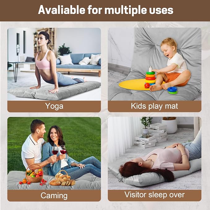 BALAPET Floor Lounger Pillow,Foldable Light Thick Tufted Floor Pillow Cushion with Elasticized Webbing for Easy Storage Floor Lounger for Meditation, Playing, Yoga, Reading, Sleeping(Light Gray)
