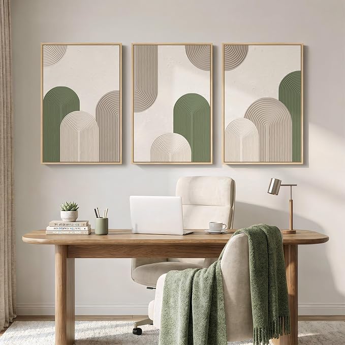 Framed Green Beige Abstract Wall Art for Living Room, 3 Piece Large Neutral Modern Minimalist Canvas Artwork for Walls, Boho Bauhaus Geometric Painting Prints for Hallway Office Wall Decor, 24x36 Inch