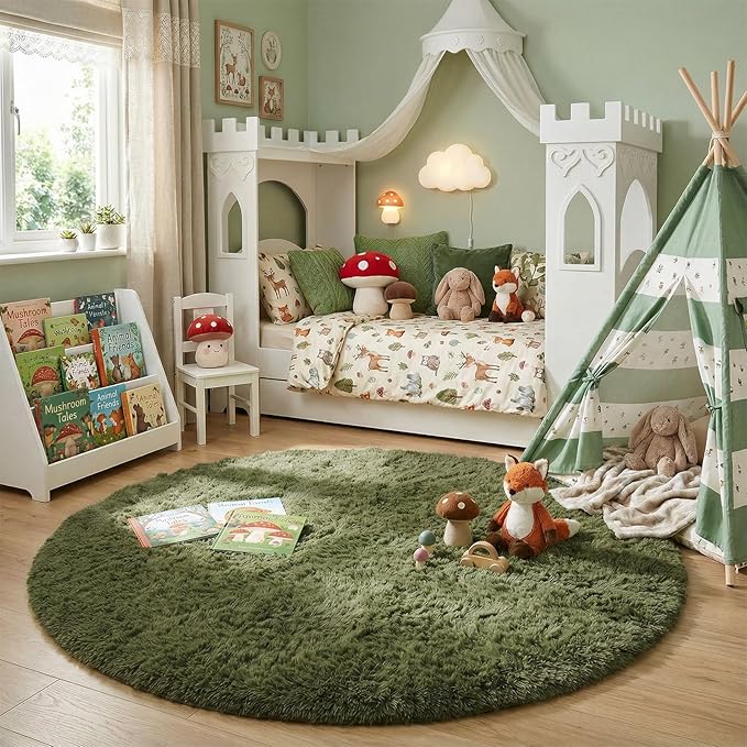 Amdrebio Olive Green Round Rug 5Ft for Living Room Bedroom, Fluffy Shaggy Modern Circle Area Rugs for Kids Room, Soft Plush Fuzzy Shag Carpet for Playroom Office Dorm Nursery Classroom, Home Decor