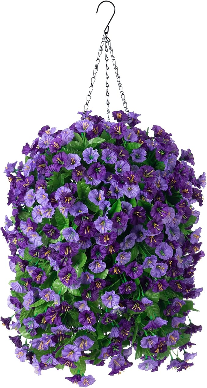 INXUGAO Artificial Flowers with Hanging Basket, Outdoor Faux Plants Silk Morning Glory Vines, Fake Green Arrangement for Garden Patio Spring Summer Decor(4 pcs,Purple)