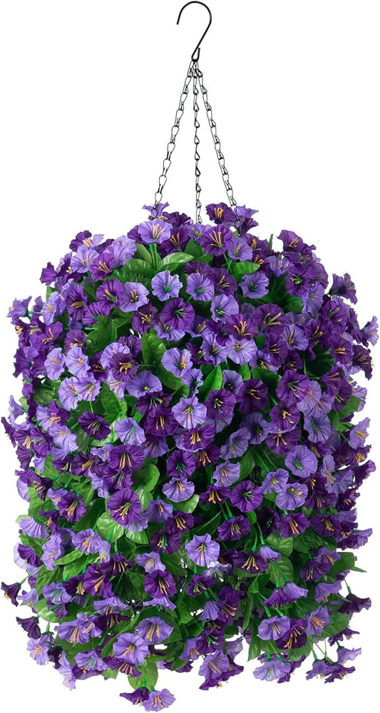 INXUGAO Artificial Flowers with Hanging Basket, Outdoor Faux Plants Silk Morning Glory Vines, Fake Green Arrangement for Garden Patio Spring Summer Decor(4 pcs,Purple)