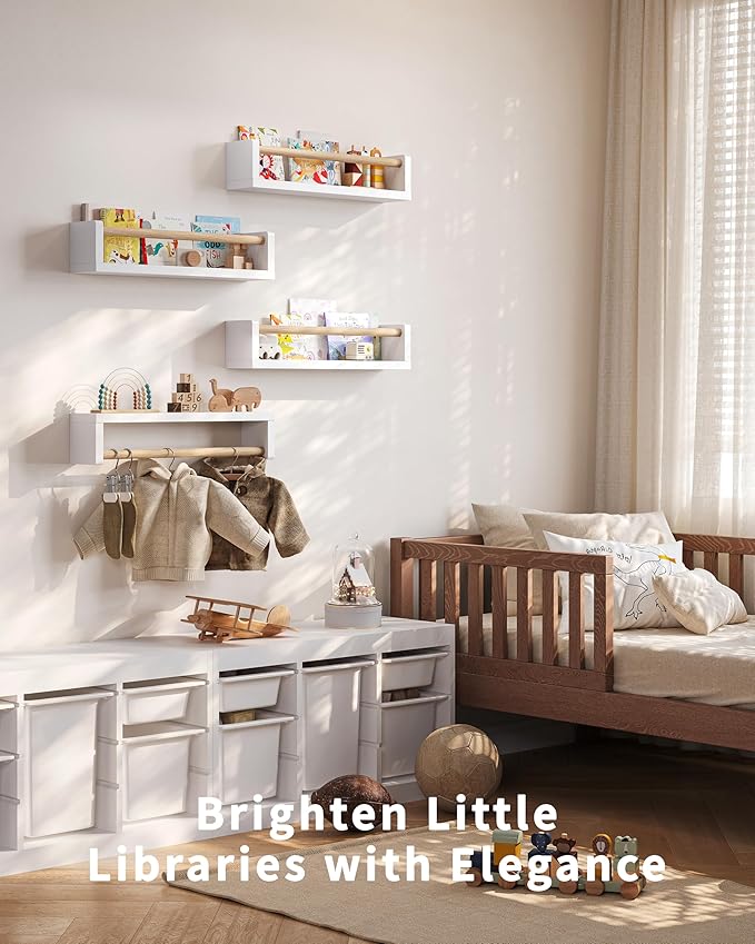 Seocry Nursery Book Shelves, 4 Pack, Wall Book Shelves for Kids Room, Baby, Toddler, Nursery Decor (White Wood, 16.5 Inches)