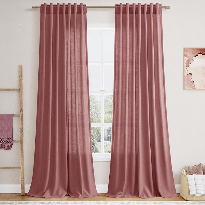 Nanspring Canyon Rose Linen Curtains 96 Inches Long 2 Panels Set for Living Room Rod Pocket Back Tab Semi Sheer Light Filtering Protect Privacy Dusty Rose Curtain for Bedroom Floor Length 52x96