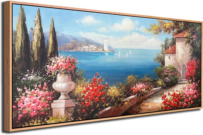 Arjun Blue Coastal Wall Art Canvas Textured Extra Large Framed 71"L x 32"W | Landscape Hand Painted Seascape Painting Bedroom Living Room Ocean Picture Artwork Home Office Wall Decor