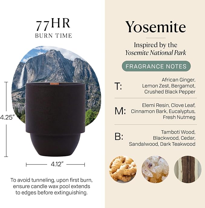 Paddywax Parks, Yosemite Scented Candle in Reusable Ceramic Jar with Crackling Wood Wick, Soy Candle with Approx. 77 Hour Burn Time, Decorative Gift Candles for Home, Cottonwood & Oak Scent, 11 oz