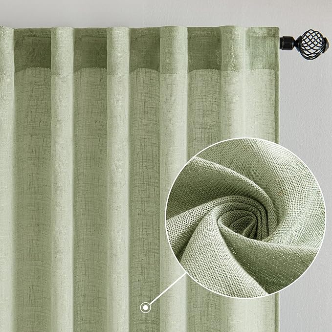 MIULEE Sage Green Linen Curtains 120 Inches Long for Bedroom Living Room, Soft Thick Linen Textured Window Drapes Semi Sheer Light Filtering Back Tab Rod Pocket Burlap Look Decor, 2 Panels 10 Ft
