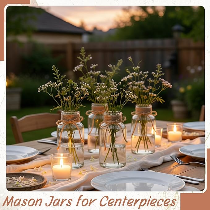 Vintage Glass Flower Vase, Farmhouse Glass Centerpiece Vases Mason Jars for Weddings, Parties & Home Decor Bulk (12, Transparent)