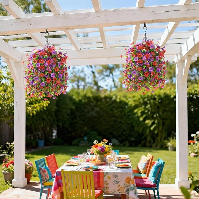 Artificial Flowers Hanging Baskets, 4 Bundles Outdoor Hanging Basket Spring Summer Decoration, No Fade Realistic Fake Flowers Plants for Porch Patio Balcony Home Yard Decor(Red Purple)