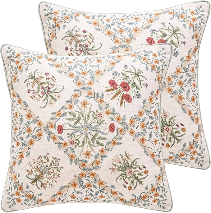 ISAENNE Vintage Linen Throw Pillow Cover,Set of 2,18"x18"-Serenity A | Designer Elegant Square Pillow Cover,Concealed Zipper Design,Floral Pattern,Sofa,Bedroom,Living Room,Lounge Chairs