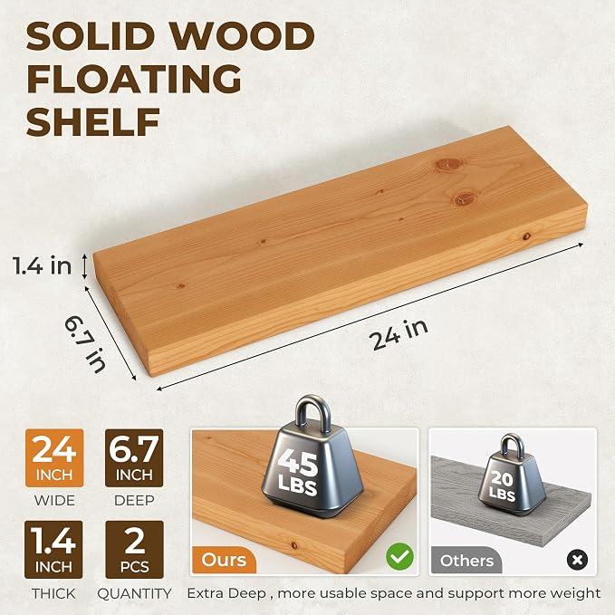 24 inch Floating Shelves for Wall, High End Solid Real Wood Floating Shelf with Heavy Duty Invisible Bracket 24in Long Wooden Wall Shelves for Living Room, Bedroom, Kitchen, Bathroom, Set of 2,Natural