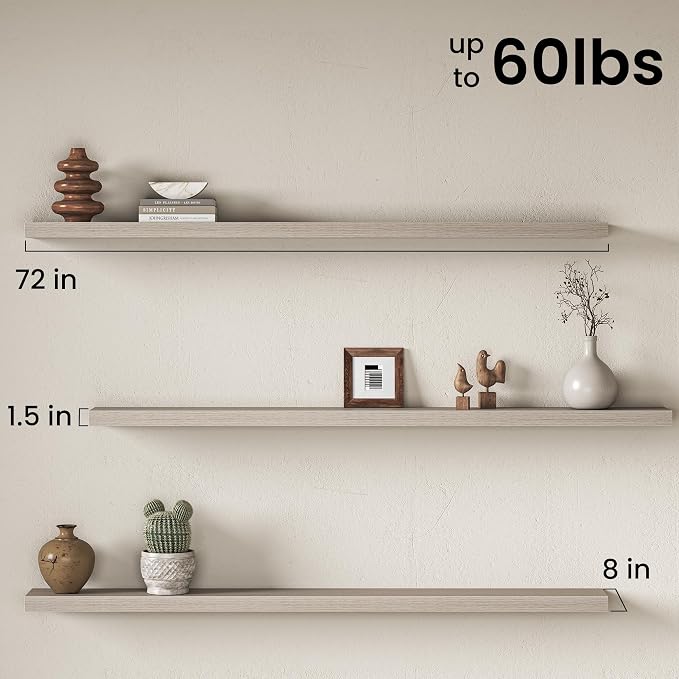 Fun Memories 72 Inch Floating Shelves for Wall, 8 Inch Deep Wall Mounted Wood Shelves with Invisible Brackets for Bathroom, Bedroom & Kitchen Storage Decor, Grey, 1 Pack