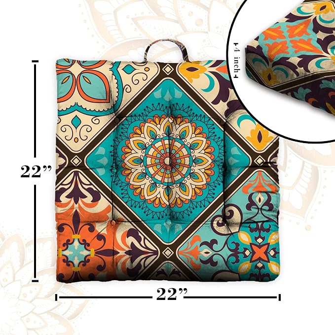 Mandala Meditation Cushion, Boho Meditation Mat, Meditation Pillows for Sitting on Floor, Cushions for Sitting in Home and Outdoor, Square Floor Pillow Cushion Seating for Yoga Accessories 22'' X 22''