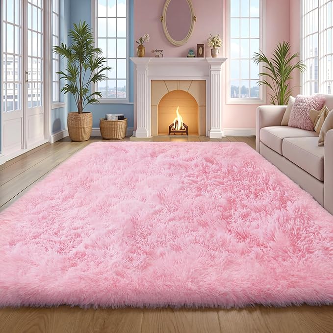 Pink Fluffy 9x12 Large Area Rugs for Bedroom Living Room Girls, Soft Washable Fuzzy Furry Shag Rug for Kids Room, Nursery, Dorm Decor, Cute Plush Carpet for Baby Toddler