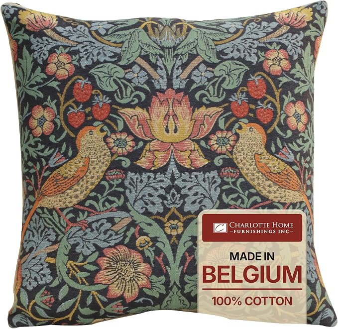 Charlotte Home Furnishings Inc Blue Strawberry Thief Throw Pillow Covers 18x18, European 100% Cotton Jacquard Woven Fabric, Boho & Vintage Inspired Decorative Cushion for Living Room and Sofa