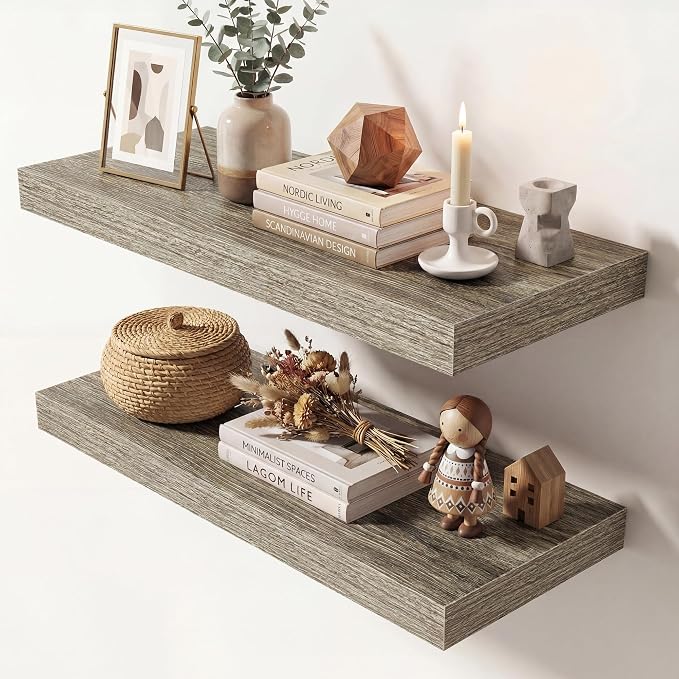 Dreamland 24 Inches Floating Shelves for Wall,9.3" Deep Long Floating Shelves Set of 2,Large Display & Storage Shelf,Wall Shelf for Bathroom Bedroom Living Room Kitchen Office,Grey