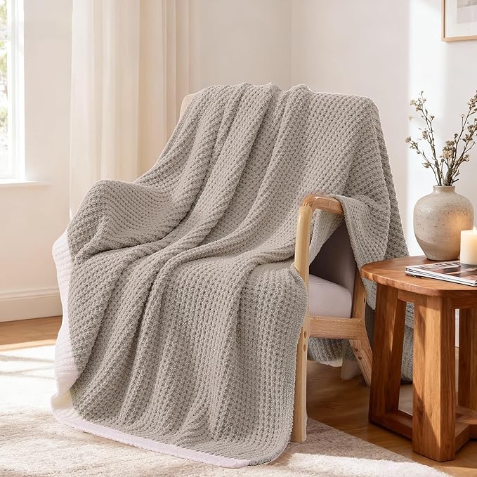 WRENSONGE Soft Checkered Throw Blanket for Couch-Cozy Warm Knitted Blankets | Lightweight Warm Fluffy Decor for Women, Mom, Her & Girls, Sofa, Chair, Bed, 50x60in, Sand