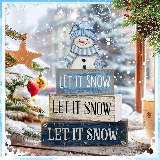 Lineshading 4 Pcs Winter Table Decoration Blue and White Snowman Decor Winter Tiered Tray Decor Christmas Centerpiece Decorative Wooden Snowman Block Sign Gift Christmas Decoration for Home Kitchen
