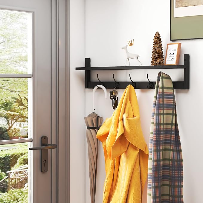 AMBIRD Wall Hooks with Shelf Entryway Hanging Wood Coat Hooks with Shelf Wall-Mounted Coat Hook Rack with 5 Dual Hooks for Bathroom, Living Room, Bedroom (Stylish Black)