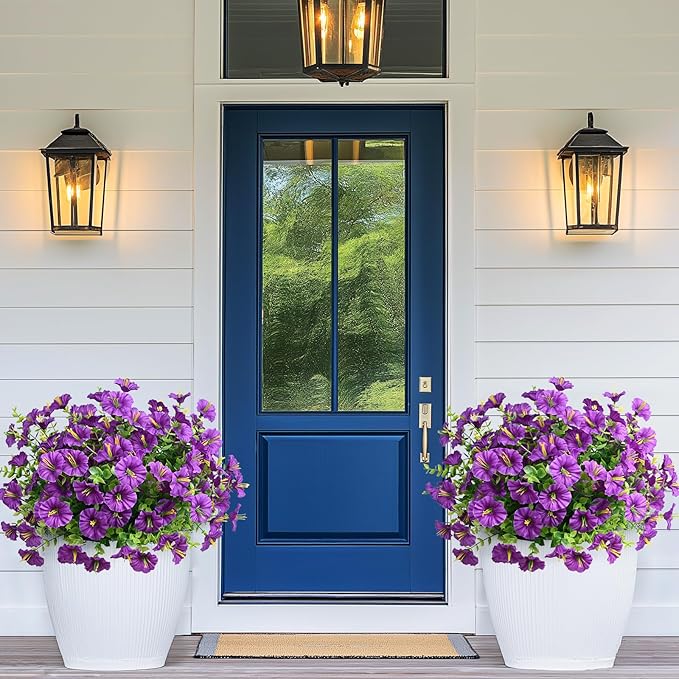 MARTINE MALL 12 Bundles Look Real Artificial Flowers for Outdoors, Realistic Fake Outdoor Flowers, UV Resistant Silk Petunia Flowers for Outside Faux Flowers Plants for Outdoor Porch, Purple