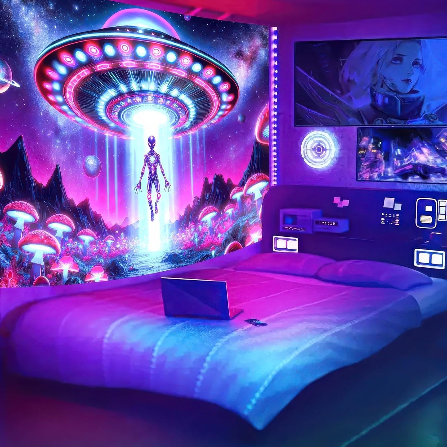BlissYard Black Light Tapestry UFO Encounter Fluorescent Wall Hanging Tapestry 78x59 Inches Bedroom, Living Room, Themed Events