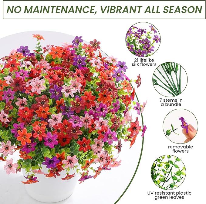 SHareconn 24 Bundles Artificial Flowers for Outdoor Spring Decorations, Realistic Fake Silk Plants UV-Resistant for Outdoor Planters,RedBrownPurpleDeepPurpleOrangePink