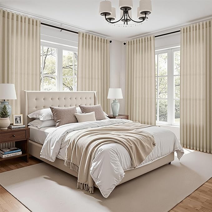 Nanspring Eggshell Beige Curtains 108 Inches Long for Living Room Linen Light Filtering Semi Sheer Curtain Back Tab Rustic Decor Neutral Floor to Ceiling High Window for Bedroom 52x108, 2 Panels