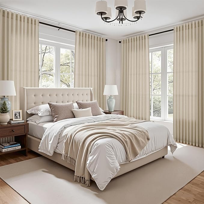 Nanspring Eggshell Beige Linen Curtains 96 Inches Long for Living Room Rustic Luxury Light Filtering Semi Sheer Curtain Back Tab Neutral Coastal Decor Drapes for Bedroom Office 52x96, 2 Panels