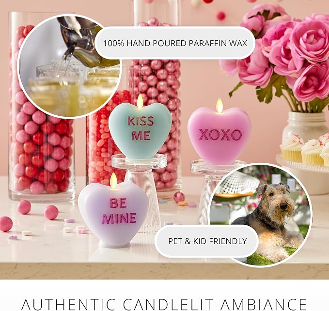Luminara Candy Heart XOXO Pastel Orchid Candle- Flameless Real-Flame Romantic Battery Operated LED Decor- Valentine's Day Collection- 3.5" x 4.5"