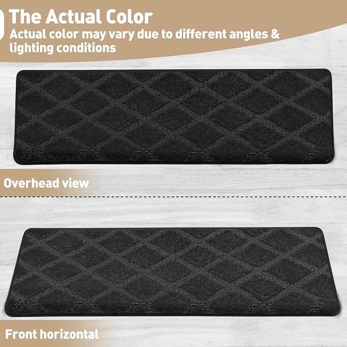 PURE ERA Bullnose Carpet Stair Treads Tape Free Non-Slip Indoor Stair Protectors Pet Friendly Stair Treads for Wooden Steps 9.5" x 30"(7 Pieces,Black Diamond Trellis)
