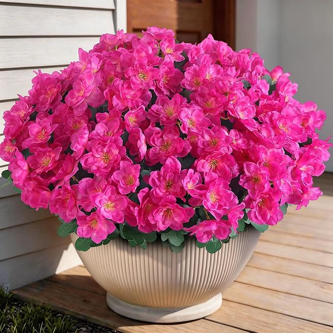 8 Bundles Artificial Flowers for Front Door, Fake Silk Azalea Bouquet Silk Flowers for Outside UV Resistant Realistic Faux Plants for Planter Farmhouse Patio Garden Walkways Home Decor (Rose Red)