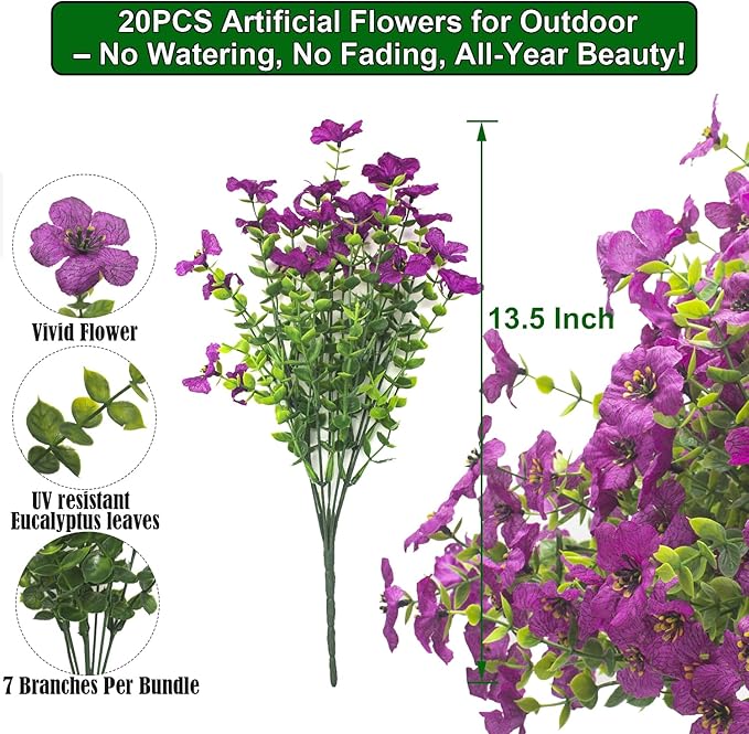 Grunyia 20 Bundles Artificial Flowers for Outdoors, UV Resistant Fake Plants Flowers Greenery Shrubs Plants for Decoration Outside Plants Hanging Planter Home Garden Decor (Purple)