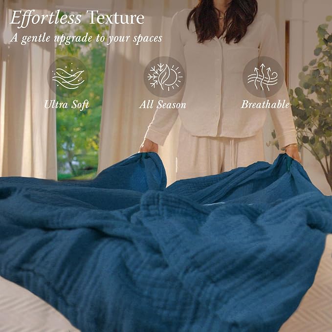 Threadmill Muslin Blanket for Queen Size Bed | 4 Layer 100% Cotton Gauze | Soft, Lightweight, and Cozy Throw Blanket for All Seasons | Pre Washed, Lightweight Sumer Blanket | Folkstone Blue