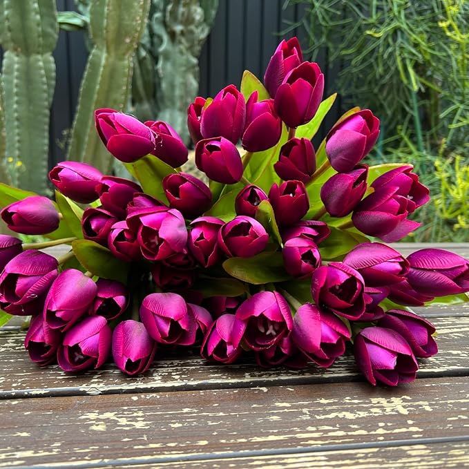 Artificial Fake Flowers Tulip for Outdoor Decoration,UV Resistant Faux Plastic Fabric Greenery Shrubs Plants Fake Flowers Hanging Planter Kitchen Home Garden Wedding Decor (Dark Purple)