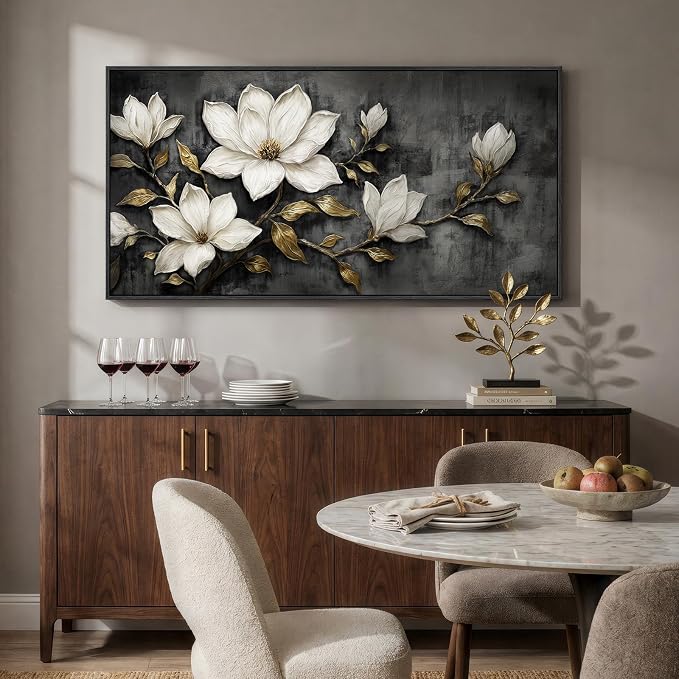 Large Framed Black and White Floral Wall Art for Living Room, Modern Magnolia Botanical Canvas Prints Paintings, Elegant Flower with Gold Leaves Pictures for Dining Room Office Wall Decor, 60x30 Inch
