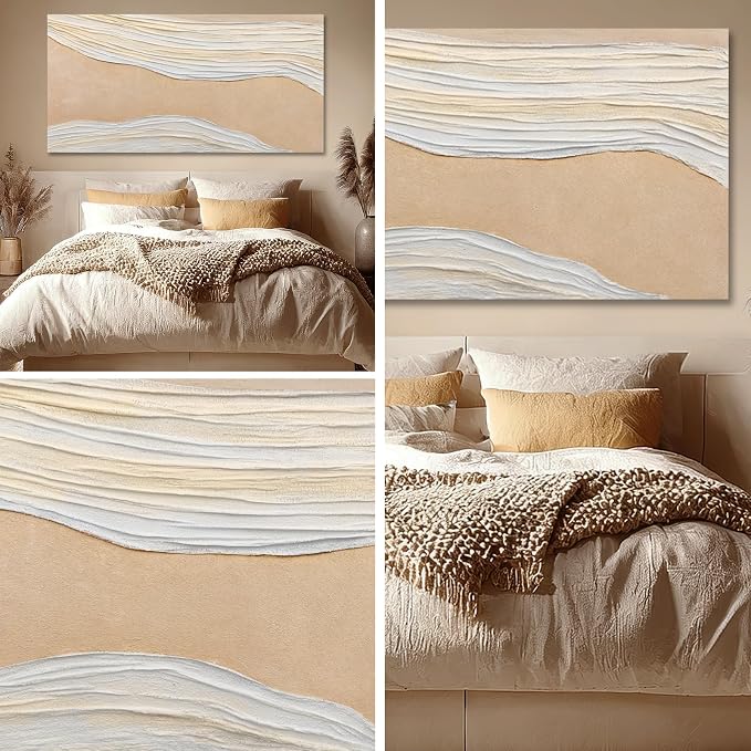 Dolidoteart Beige White Canvas Wall Art, Large Wall Art for Living Room, Hand Painted Abstract Oil Painting, Oversized Horizontal Wall Decor for Bedroom Office, 29x58 Inch