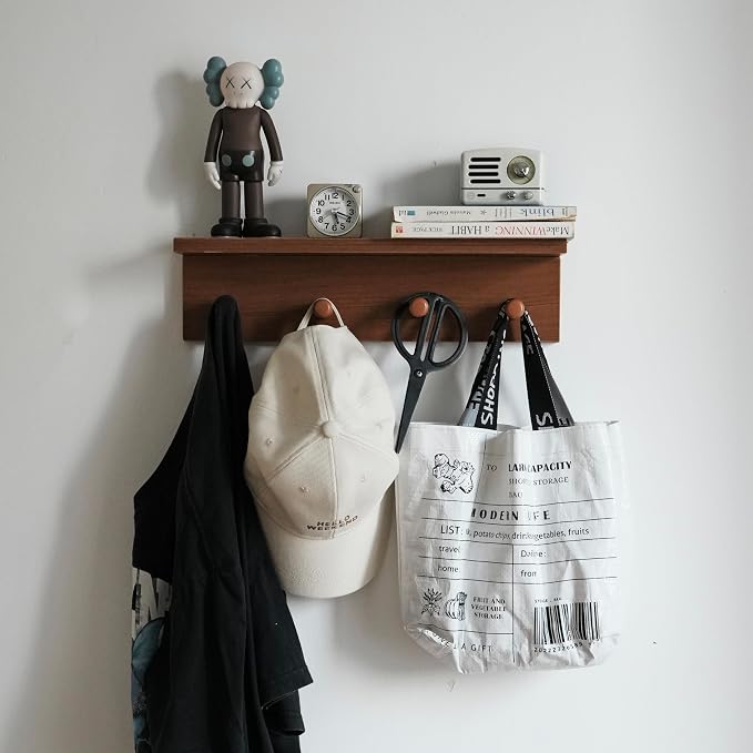 Wall Mounted Coat Rack with Shelf, Wooden Entryway Hooks, Teak Finish | Adjustable rail with movable wood hooks