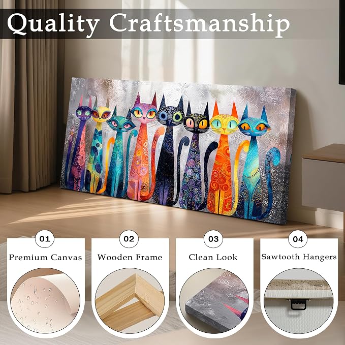 imjiayu Colorful Abstract Cat Wall Art, Boho Whimsical Kitten Canvas Print, Kitty Pictures Decor for Cat Lovers, Cute Modern Cat Wall Decor for Living Room Bedroom Kids Room, 24"x48" Ready to Hang