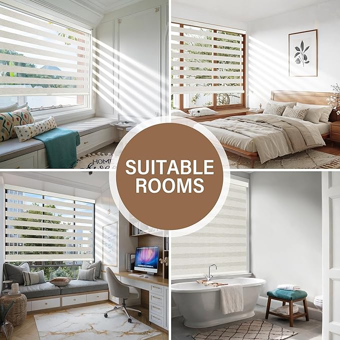 AOSKY Cordless Zebra Blinds for Windows Pull Down Roller Window Shades Dual Layer Light Filtering Privacy for Day and Night, Free-Stop Door Shades for Home Easy to Install Linen Cream 41" W X 72" H