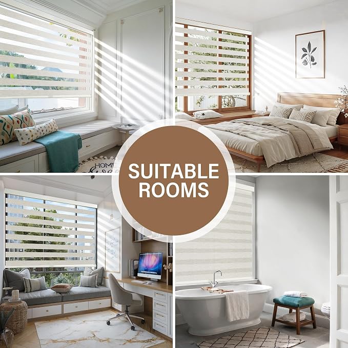 AOSKY Cordless Zebra Blinds for Windows Pull Down Roller Window Shades Dual Layer Light Filtering Privacy for Day and Night, Free-Stop Door Shades for Home Easy to Install Linen Cream 35.5" W X 72" H