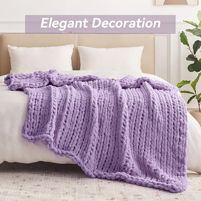Negwoo Chunky Knit Throw Blanket, 80''*90'' Knitted Throw Chenille Yarn for Bed Couch, Handmade Light Purple Crochet Big Thick Blanket, Machine Washable Cute Comfy Blanket for Home Decor