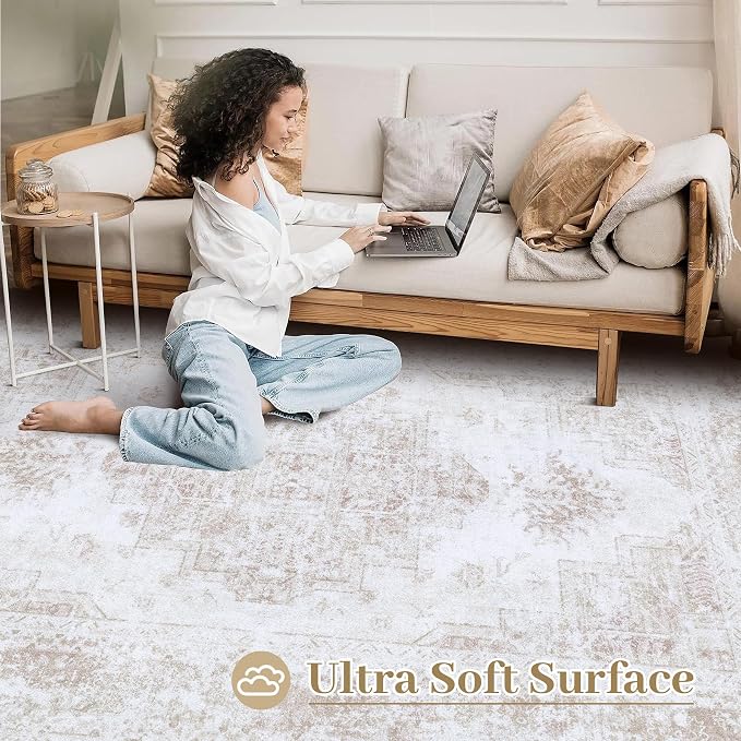XLUEZ Area Rug 10x12 Living Room Rug, Machine Washable Vintage Distressed Medallion Rug Non-Slip Soft Low Pile Large Indoor Rugs for Bedroom Kitchen Dining Room Office(Beige,10'x12')